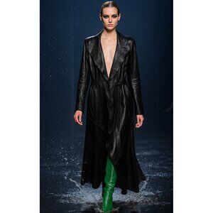 GIAN MORI Black Genuine Leather Maxi Coat  Runway Style Made in Europe, Belted S